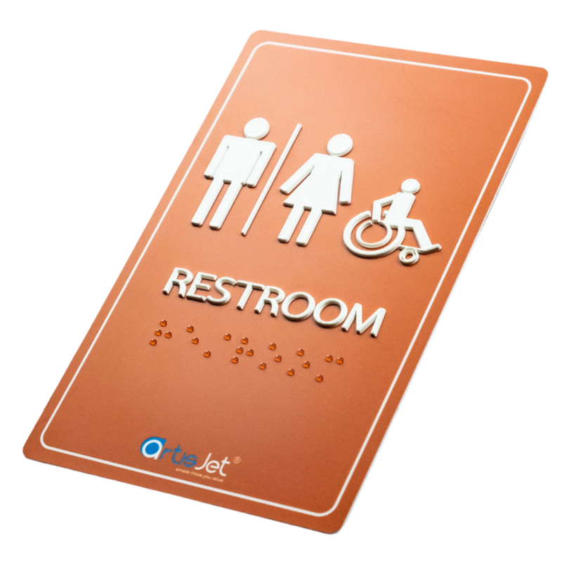 Load image into Gallery viewer, Toilets sign with accessibility icons and braille text printed via Artisjet UV printer
