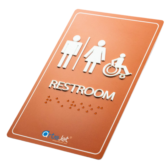 Toilets sign with accessibility icons and braille text printed via Artisjet UV printer